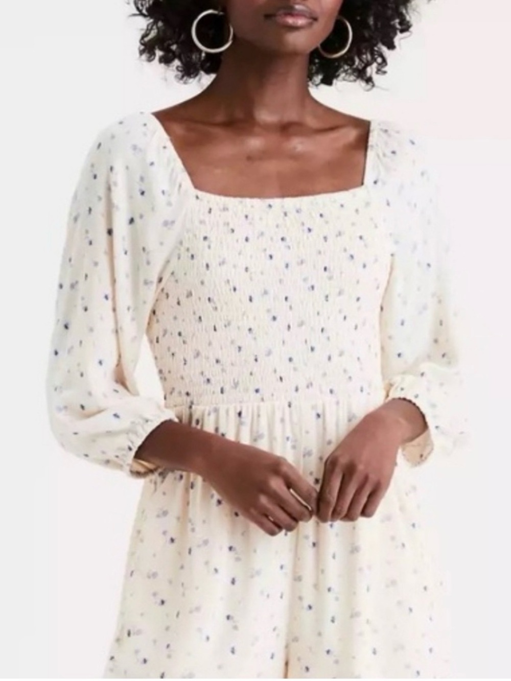 American Eagle Cream Floral Romper with Puff Sleeves